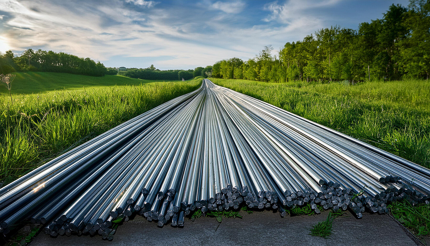 Steel bars on a path, meadow to the right and left